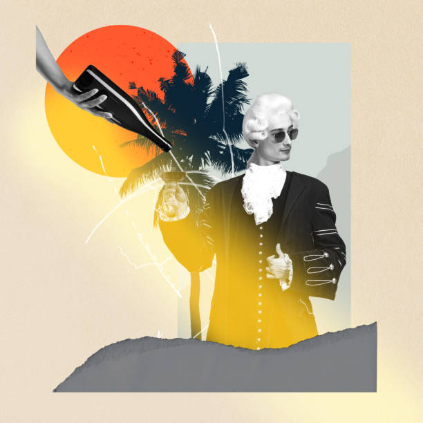 istock Creative design with young man in white wig and suit, in image of famous composer standing with wine. Contemporary art collage. 1652469332