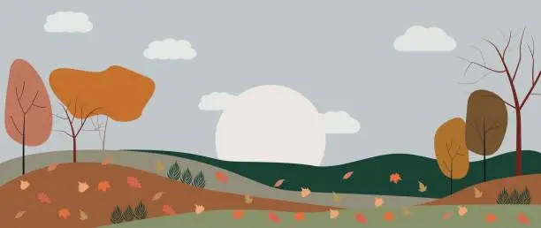 Vector illustration of Vector autumn illustration. Panoramic view. The picture shows farm fields, mountains and leaves falling from trees in yellow foliage.