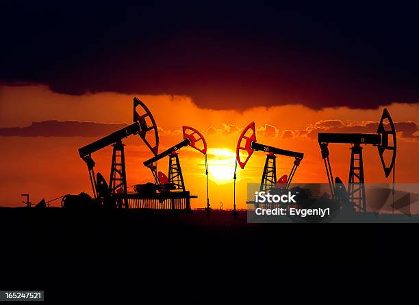 Oil Field At Sunset Stock Photo - Download Image Now - Crude Oil, Kazakhstan, Desert Area