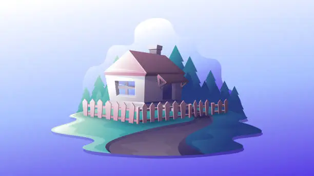 Vector illustration of Simple hut on forest background.