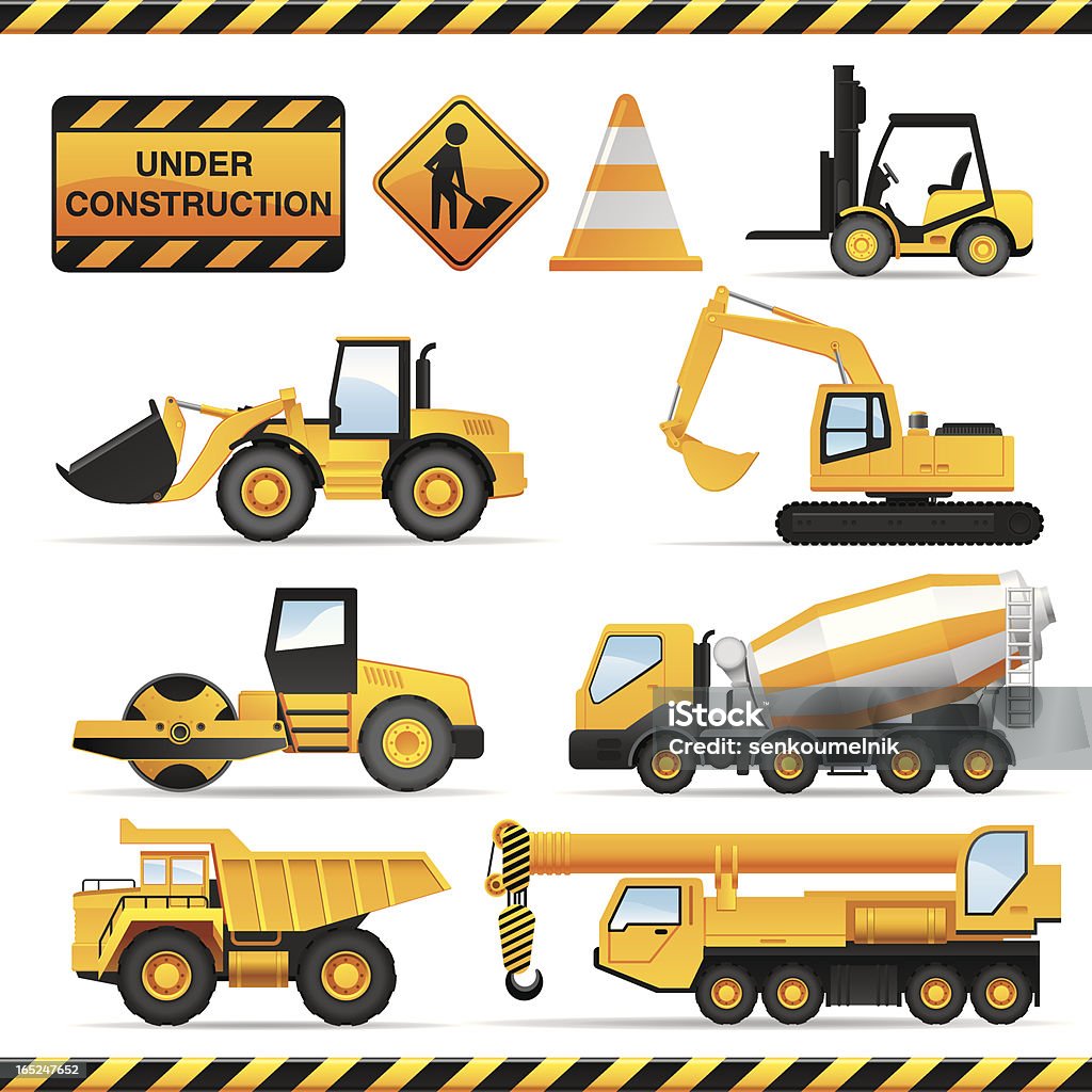 Construction icon set Collection of high detailed construction vehicles and signs Machinery stock vector