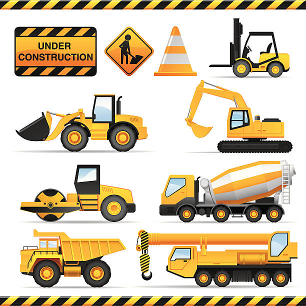 Construction icon set Collection of high detailed construction vehicles and signs construction vehicle stock illustrations