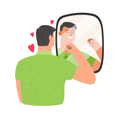 Self acceptance concept, love yourself. Happy person looking in the mirror. Young man with healthy self-perception. Self esteem vector illustration of care man positive and happy