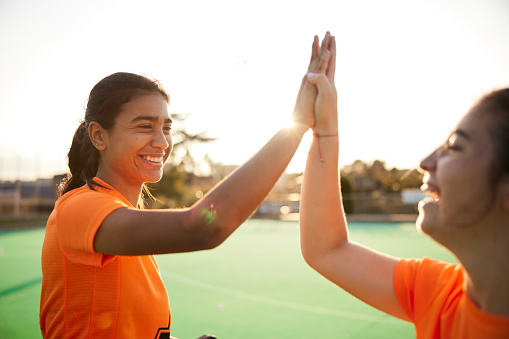 In a glorious moment, two teammates celebrate a scored goal with a high-five, set against a striking backlit scene with sun flares