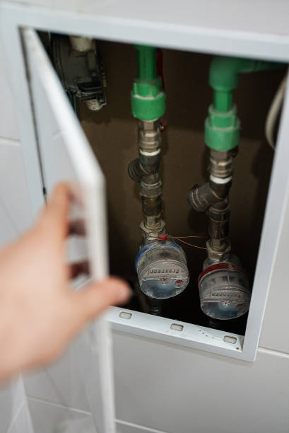 istock Water meters for cold and hot water. 1652490774
