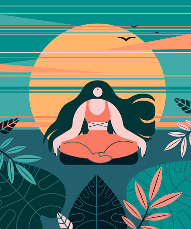 Vector illustration of Woman meditates in nature. Preventative healthcare and active lifestyle concept.