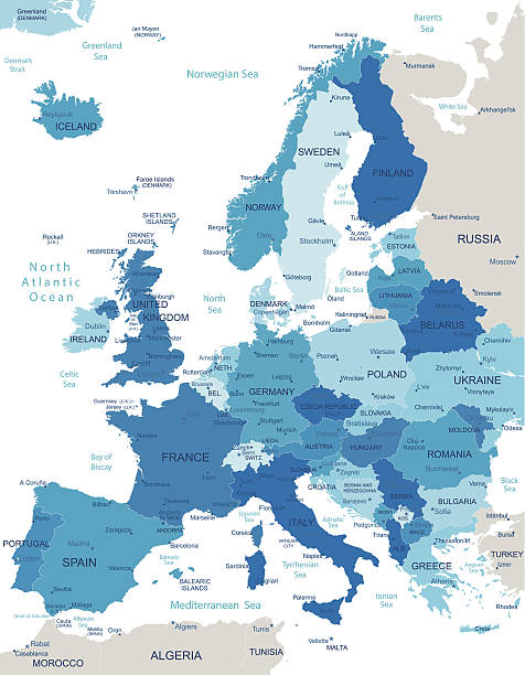 Europe - highly detailed political map Highly detailed map of Europe with administrative divisions, cities, flag and navigation icons. denmark germany map stock illustrations