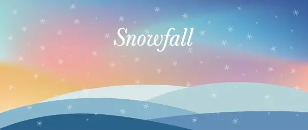 Vector illustration of Vector illustration. Winter season. Background with snowfall, aurora borealis and hills. Landscape for banner, poster, cover, as wall art and home decor.