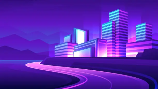 Vector illustration of Modern neon digital metropolis.