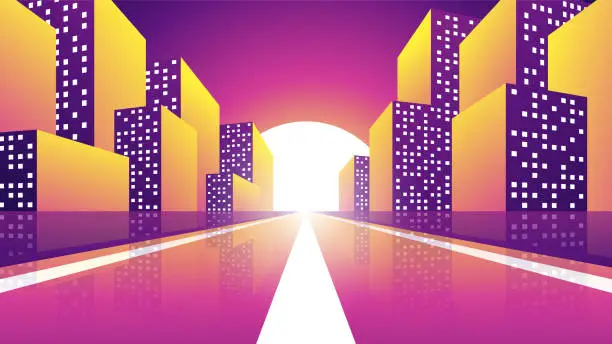 Vector illustration of Bright sunset over the city.