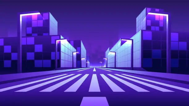 Vector illustration of Crosswalk through the road in a night city.