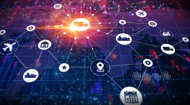 Supply Chain Management - SCM - Conceptual Illustration Supply Chain Management - SCM - The Coordinated Process of Producing and Delivering Goods and Services from Suppliers to Consumers - Conceptual Illustration shipping stock illustrations