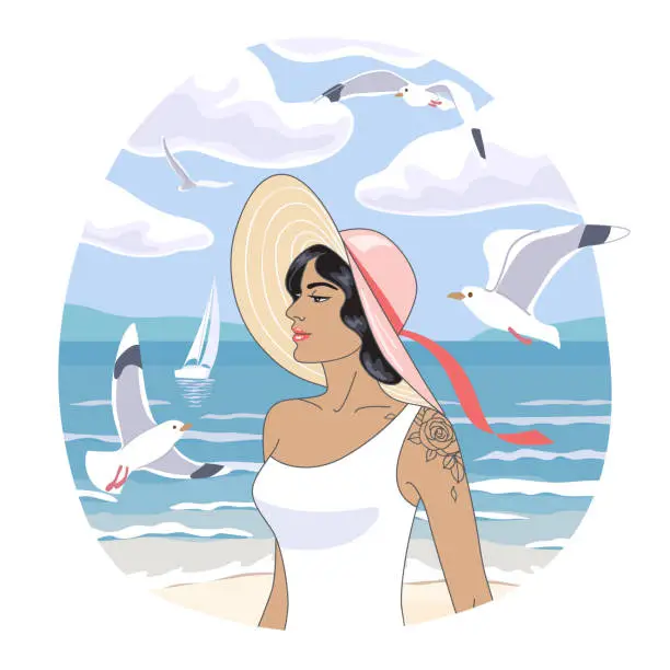 Vector illustration of Beautiful Woman in Hat Walking on the Beach