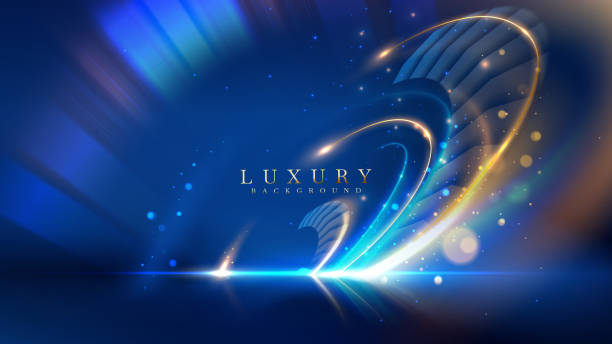 niebieskie luksusowe tło ze złotą linią dekoracji i efektem zakrzywionego światła z elementami bokeh. sztuka współczesna elegancka ciemna scena. - galaktyka stock illustrations