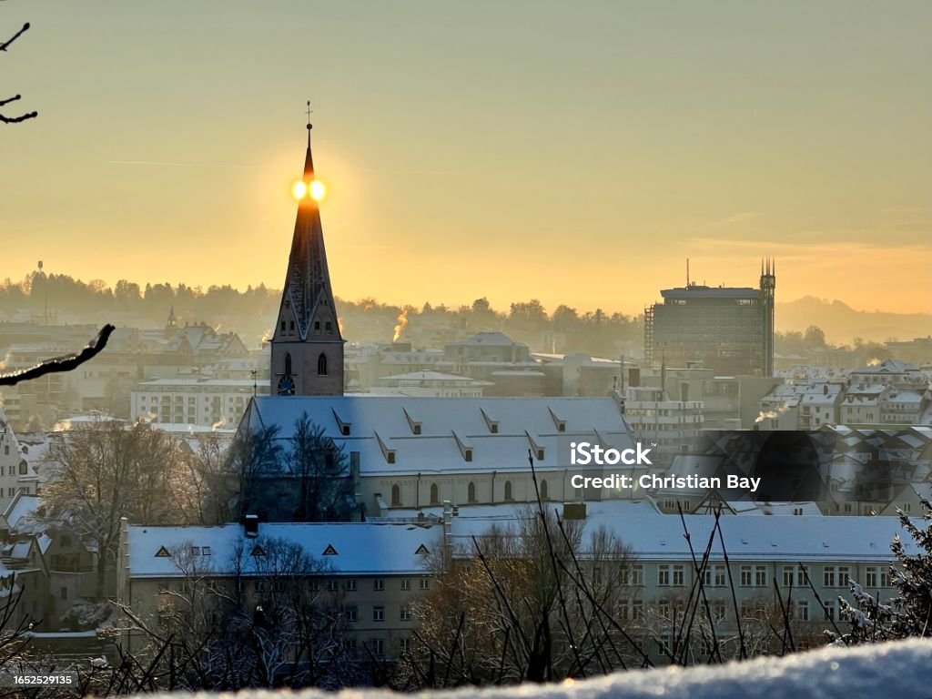 Kempten in Winter from above Roof top view of city of Kempten/Allgäu during sunset Allgau Stock Photo