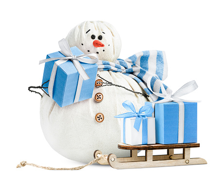 snowman and sled with gift boxes on a white isolated background