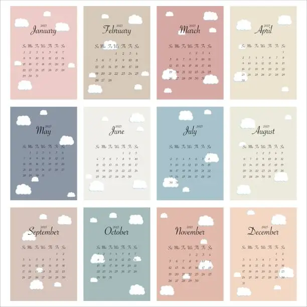 Vector illustration of 2023 calendar in trendy minimalistic style with cute clouds. A set of desk calendars for 12 pages. Minimal planner calendar design for printable template. Vector illustration.