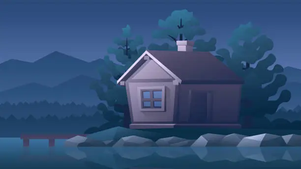 Vector illustration of Wooden hut in the forest near the river.