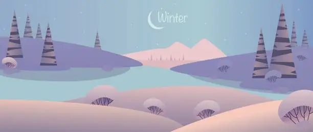 Vector illustration of Panoramic vector illustration. Winter in pink and purple pastel background. Snow, hills, mountains, trees, bushes and the moon. The inscription 