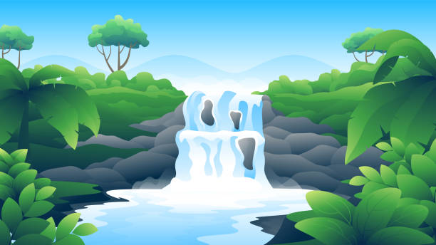 piękny spadający wodospad w lesie tropikalnym. - waterfall cartoon tropical rainforest vector stock illustrations