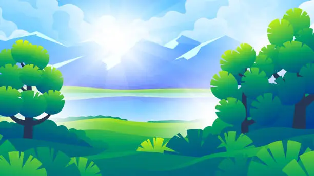Vector illustration of Beautiful green forest near the beach on mountains background.