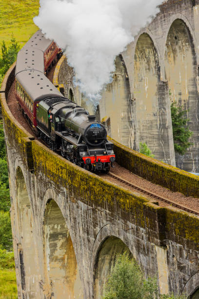 Famous steam training passing over a curved viaduct at Glenfinnan in the Scottish Highlands Famous steam training passing over a curved viaduct at Glenfinnan in the Scottish Highlands glenfinnan monument stock pictures, royalty-free photos & images