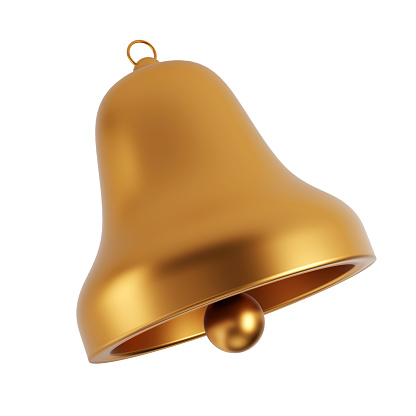 3d render icon of golden bell isolated with clipping path. Social media notice event reminder. Christmas toy.