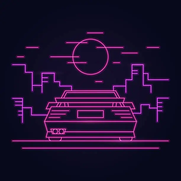 Vector illustration of Outline rear view car stands at sunset in 80s style arcade game.