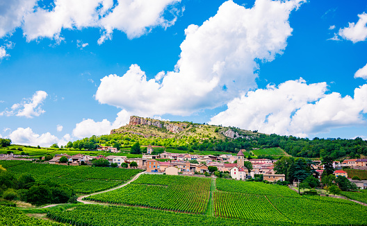 Solutre rock with village and vineyard landscape- Burgundy in France