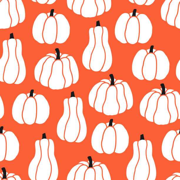 бесшовный узор с белыми тыквами - white background thanksgiving halloween holidays and celebrations stock illustrations