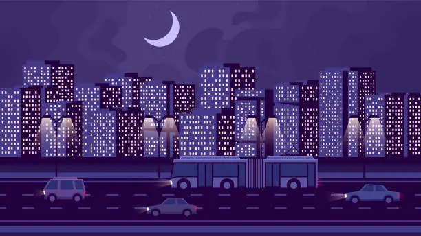 Vector illustration of Cars and city transport drive along the road.