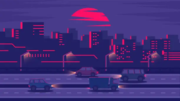 Vector illustration of View of the evening city street.