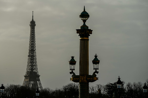 Outdoor landscape in the city of Paris with the Eiffel Tower in the background