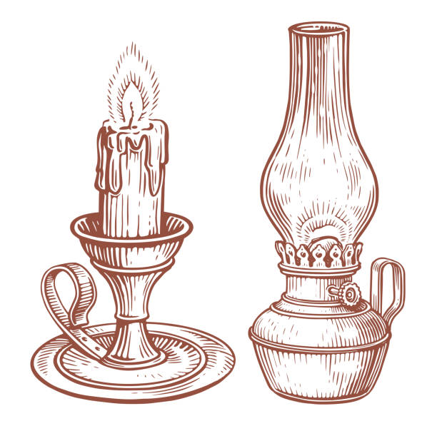 Candlestick with burning candle. Old kerosene lamp. Hand drawn sketch engraving style vector illustration
