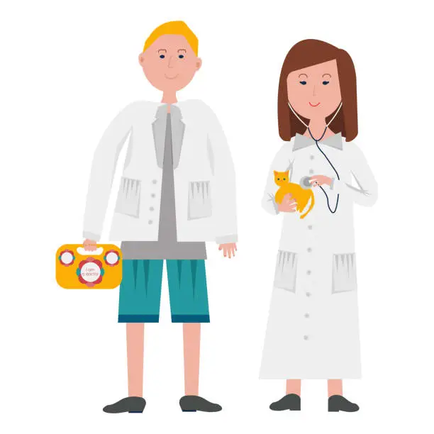 Vector illustration of Labor Day, Medicine Day. Girl and boy doctors