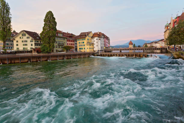 Old town of Lucerne, Lake Lucerne, Swiss Alps, Switzerland stock photo
