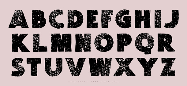 Sans serif font in the style of handmade graphic. Letters with vintage texture for emblem design. Vector illustration