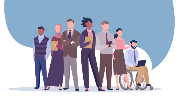 illustrazioni stock, clip art, cartoni animati e icone di tendenza di gruppo multinazionale inclusivo di uomini d'affari fiduciosi con una leader femminile - lavoro