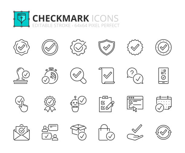 ilustraciones, imágenes clip art, dibujos animados e iconos de stock de conjunto simple de iconos de contorno sobre la marca de verificación - checklist checkbox ok sign ok
