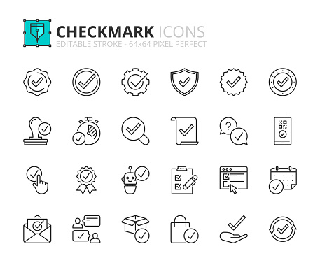 Line icons about checkmark. Contains such icons as checked, approved, certified, accepted and validation. Editable stroke Vector 64x64 pixel perfect
