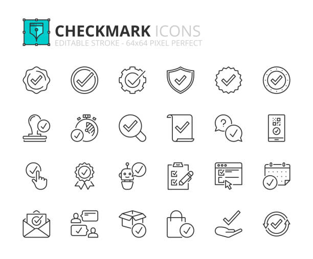 Simple set of outline icons about checkmark Line icons about checkmark. Contains such icons as checked, approved, certified, accepted and validation. Editable stroke Vector 64x64 pixel perfect finale stock illustrations