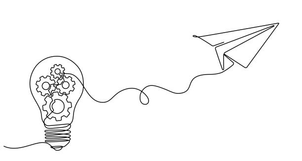 Continuous line drawing of flying paper airplane connected with light bulb Continuous line drawing of flying paper airplane connected with light bulb. Business idea concept, bright idea, solution, inspiration, startup in editable doodle style. Vector illustration Electricity plan stock illustrations