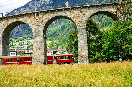 The Bernina Express through the swiss alps passing under an elevated track though lush forrest and snow capped mountains