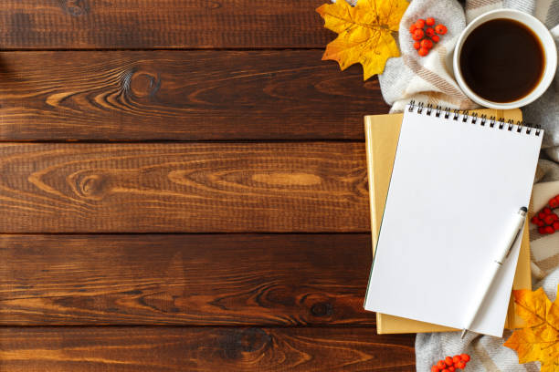 istock Autumn background with leafs cup of coffee and notepad 1652613271