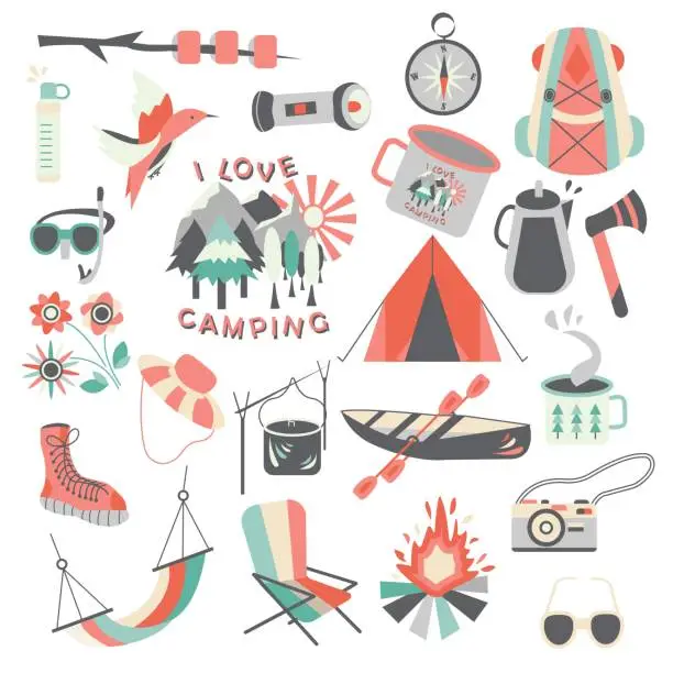 Vector illustration of Vector set of individual illustrations on the theme of camping