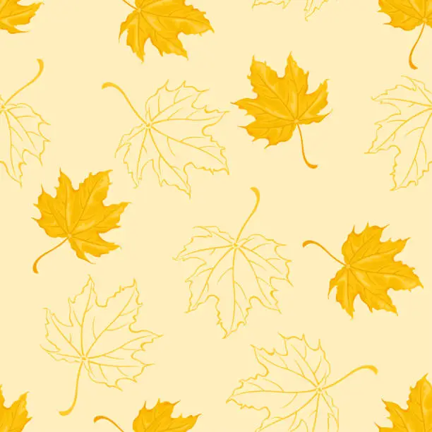 Vector illustration of Autumn maple leaves on yellow background. Nature seamless pattern. Vector illustration.