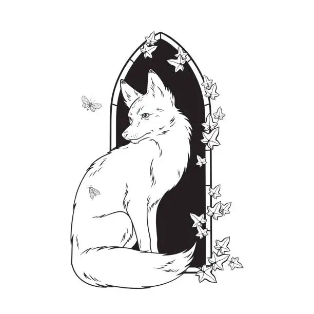 Vector illustration of Kitsune fox wild life animal over gothic arch with ivy hand drawn line art gothic tattoo design isolated vector illustration