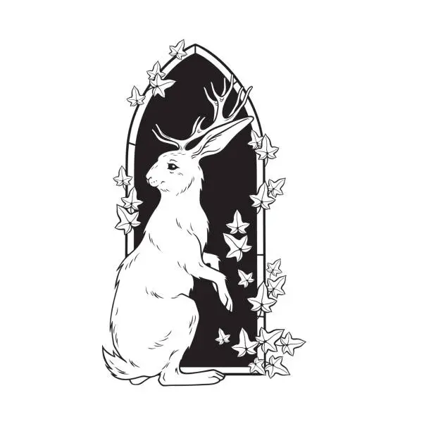 Vector illustration of Jackalope hare with horns folklore magic animal over gothic arch with poison ivy hand drawn line art gothic tattoo design isolated vector illustration