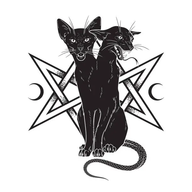 Vector illustration of Black siamese cat monster with two heads isolated. Witch familiar spirit, halloween or pagan witchcraft theme print design vector illustration