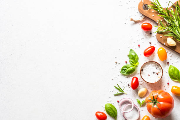 istock Food cooking background on white stone table. 1652670214
